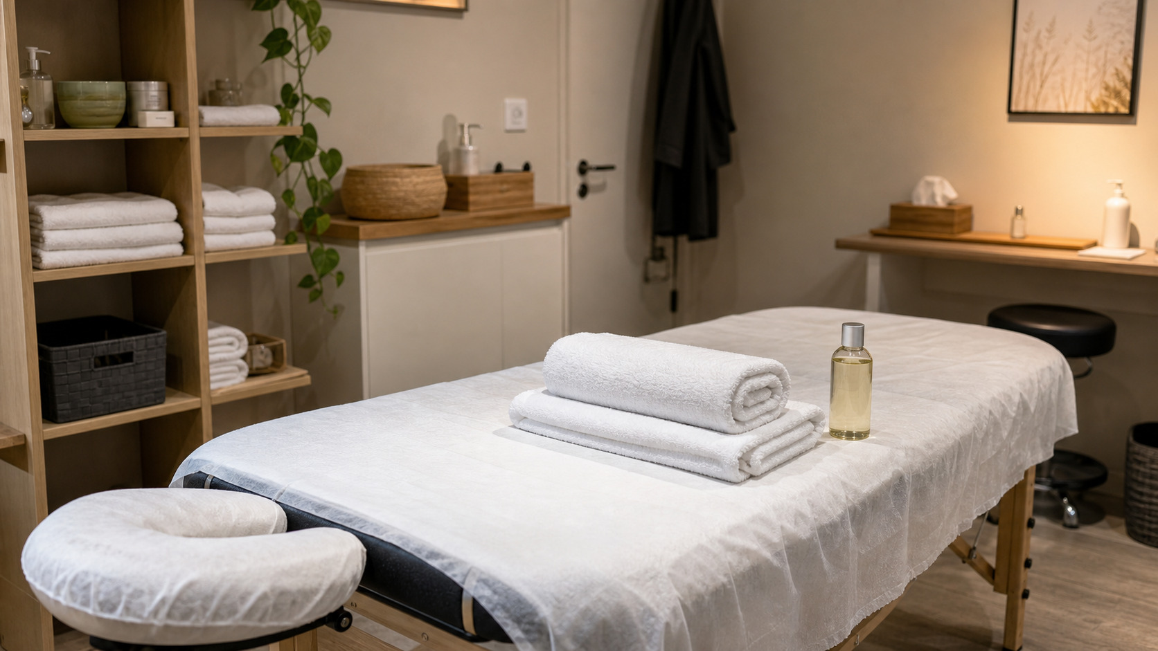 Cabine de massage avec serviettes propres, table protégée et flacon d'huile fermé