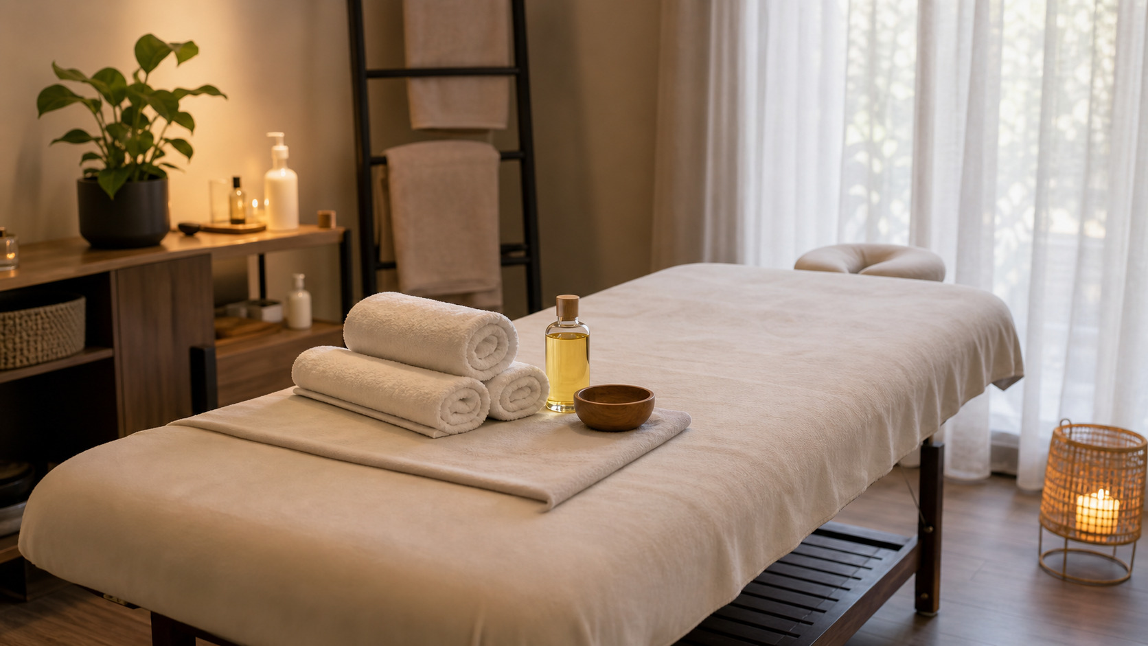 Table de massage préparée avec serviettes, huile neutre et lumière douce