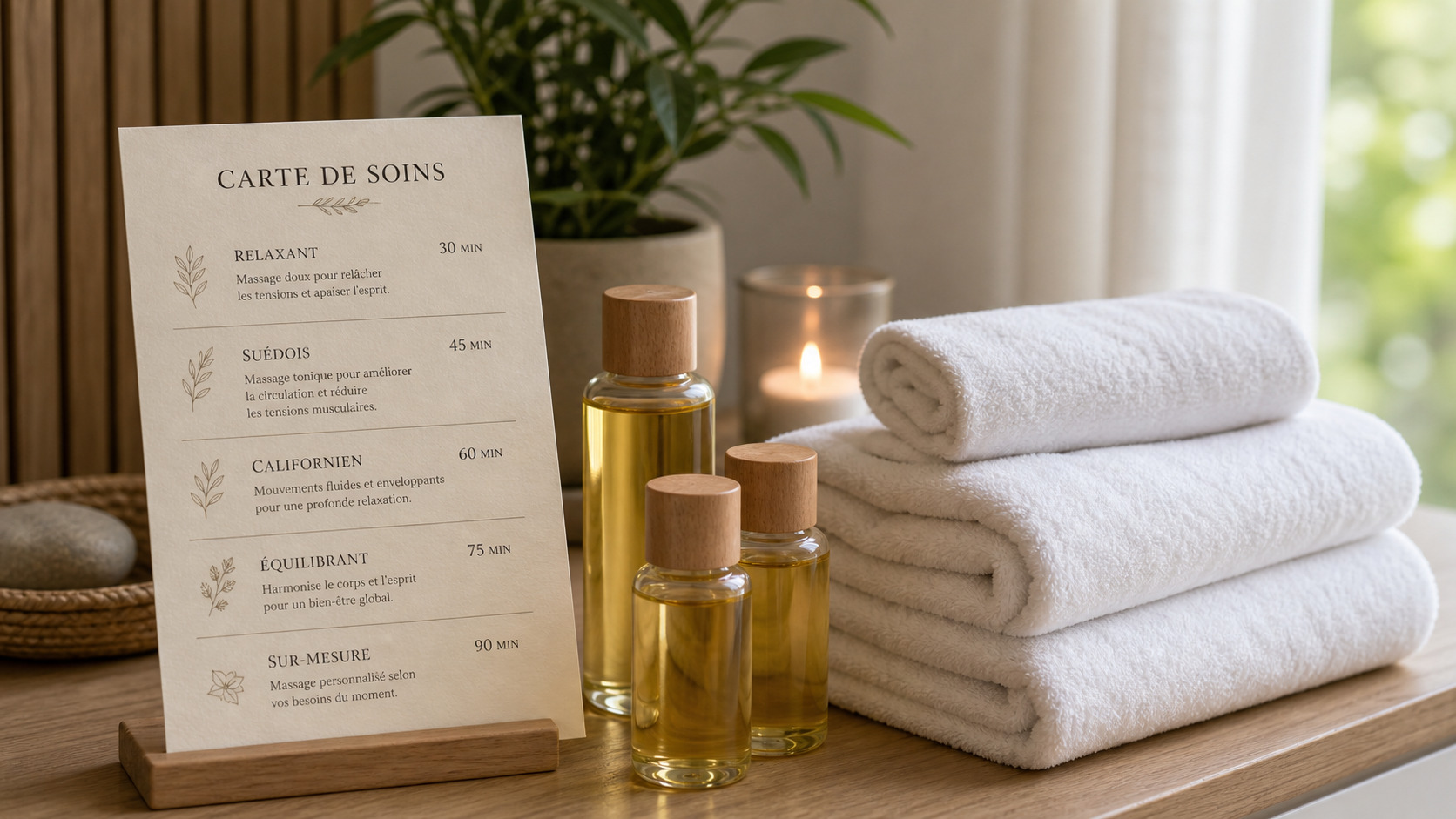Carte de soins avec huiles, serviettes et durées de massages affichées