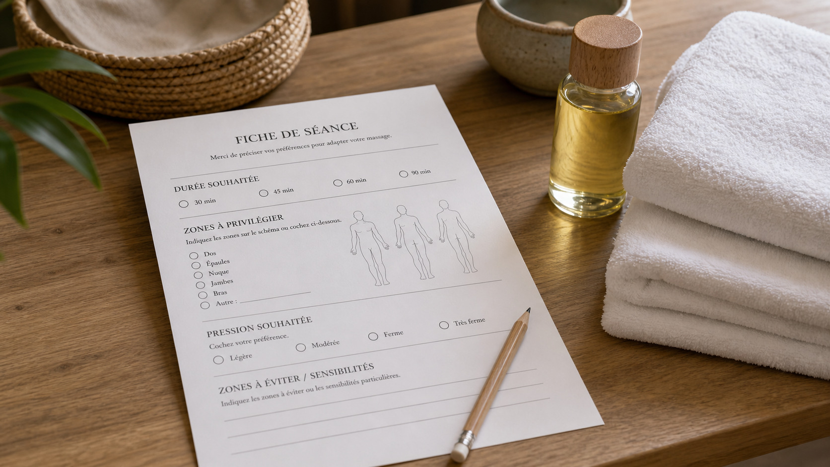 Fiche de séance indiquant durée, zones massées, pression souhaitée et limites